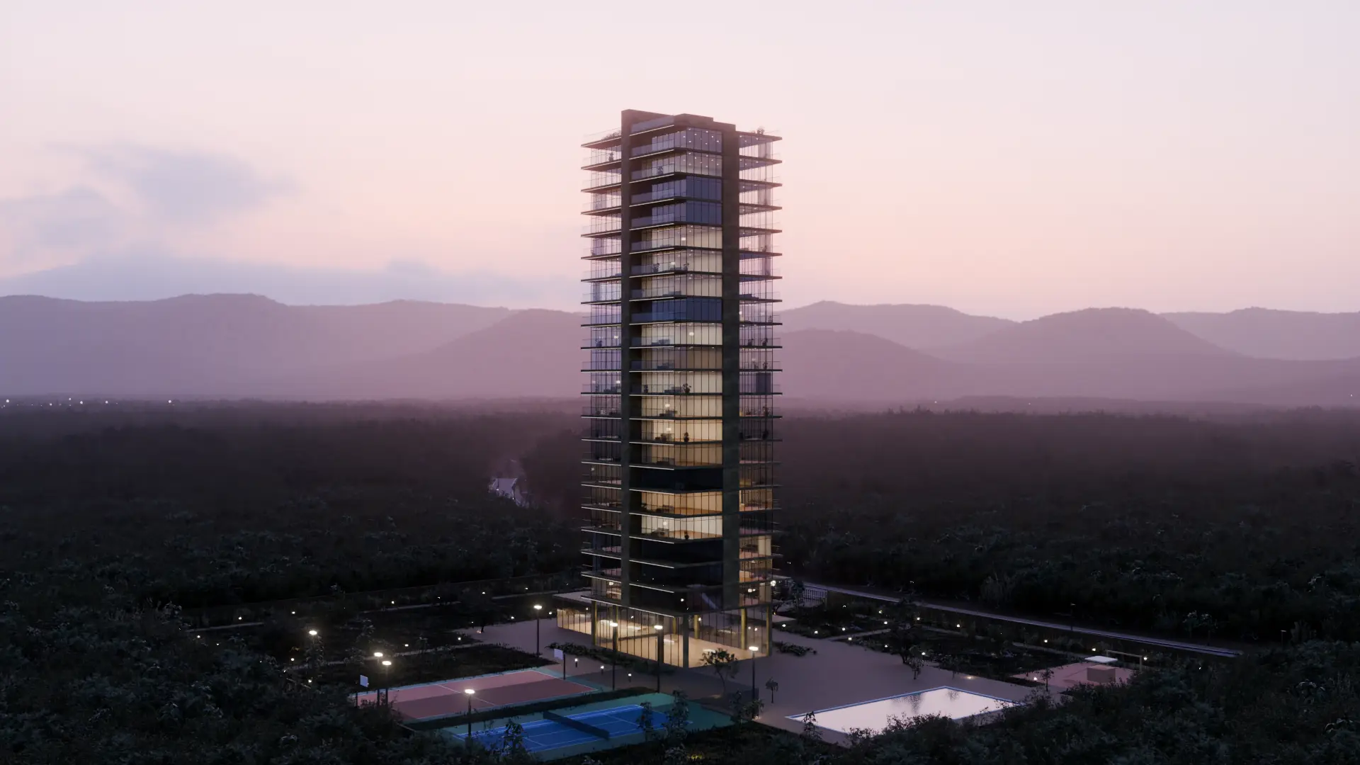 Piscina e quadras aos pés da torre, ao entardecer