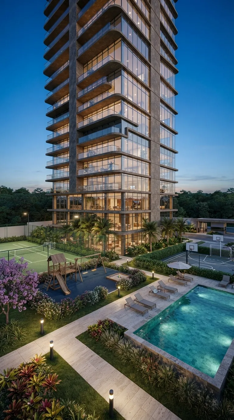 Fachada do Vértice Residence vista da praça, na hora azul