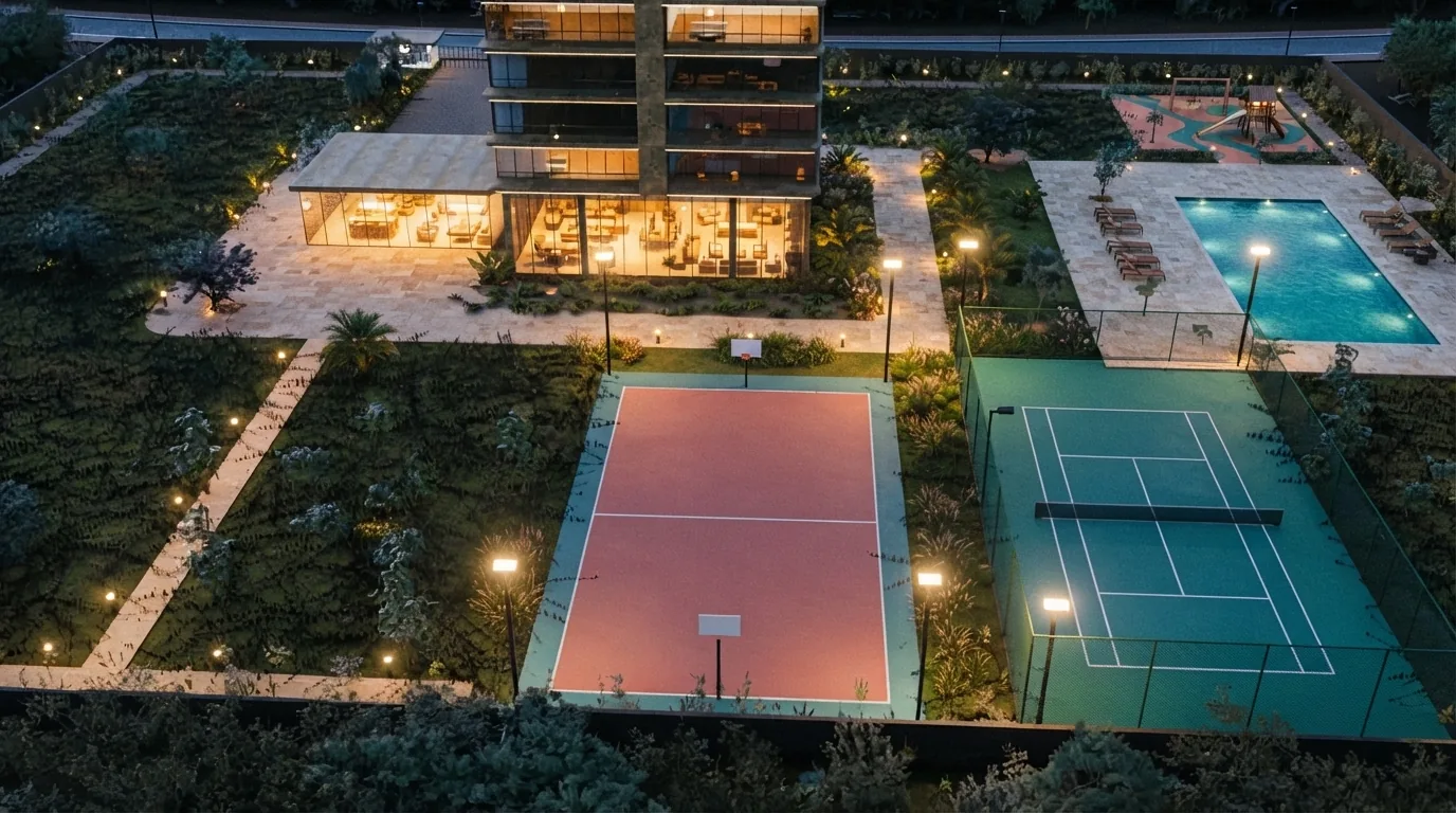 O pódio visto de cima: salão de vidro, piscina e as quadras entre os jardins