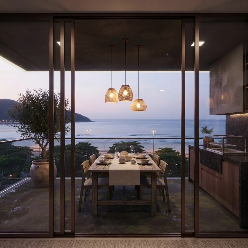 Varanda gourmet com mesa posta e o mar ao fundo